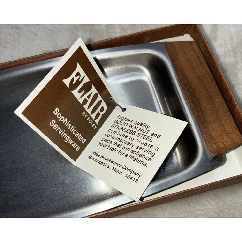 Vintage Snack Tray Single Server Walnut Stainless Steel Flair By Foley 8x4